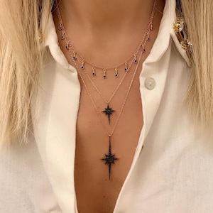 Black,Clear Zircon Big North Star Necklace Adjustable 40-44 cm/16-18&#39;&#39; 925 Sterling Silver