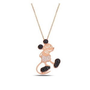 May include: A rose gold necklace with a Mickey Mouse pendant. The pendant is made of silver and is covered in black and white cubic zirconia stones.