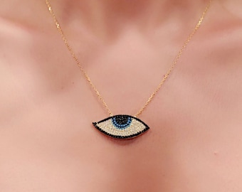 Evil Eye  Solid 925 Sterling Silver Big Ra evil eye Black,White,Blue Zirconia Necklaces protect yourself Lucky Charm Good Luck