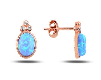 Blue,Clear Opal,Zircon Opal Oval Stone Earring Handcrafted 925 Sterling Silver Rose Gold,White Gold,14K Gold,Black Rodium Option/s Available