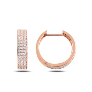 925 Sterling Silver  Zirconia Three Row Round Earrings Hoop