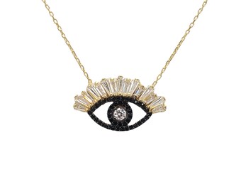 Black and Clear Zircon 2.5 cm Baguette Eye with Eyelash Necklace Adjustable| 925 Sterling Silver