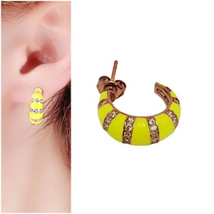 Yellow Neon Striped Earring With  White Cubic Zircon  Hoop Stud| 925 Sterling Silver