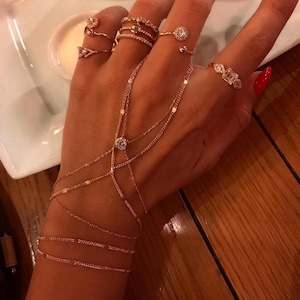 Clear Zirconia Round Adjustable Slave Bracelet Hand Chain  925 Sterling Silver