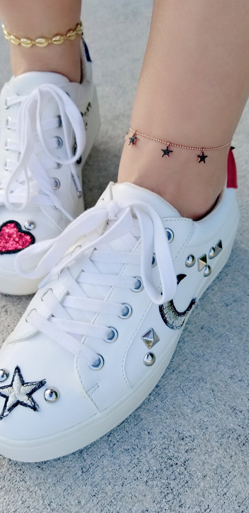 Gold Dangle Zirconia Star Body Chain Anklet over Genuine 925 Sterling Silver
