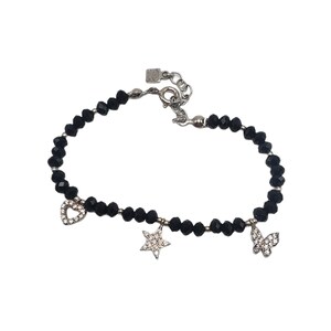 May include: A black beaded bracelet with a silver heart, star, and butterfly charm. Each charm is decorated with clear rhinestones.
