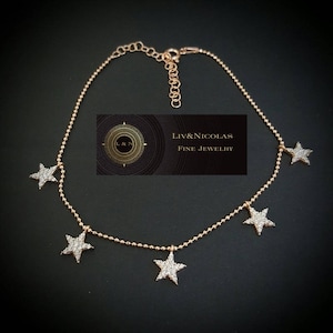 Gold Dangle Zirconia Star Body Chain Anklet over Genuine 925 Sterling Silver