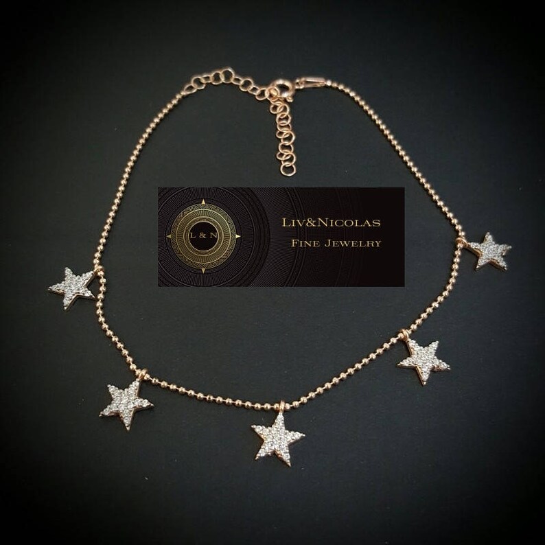 Gold Dangle Zirconia Star Body Chain Anklet over Genuine 925 Sterling Silver