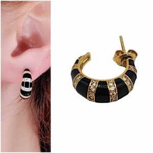 Black Striped Earring With  White Cubic Zircon  Hoop Stud| 925 Sterling Silver