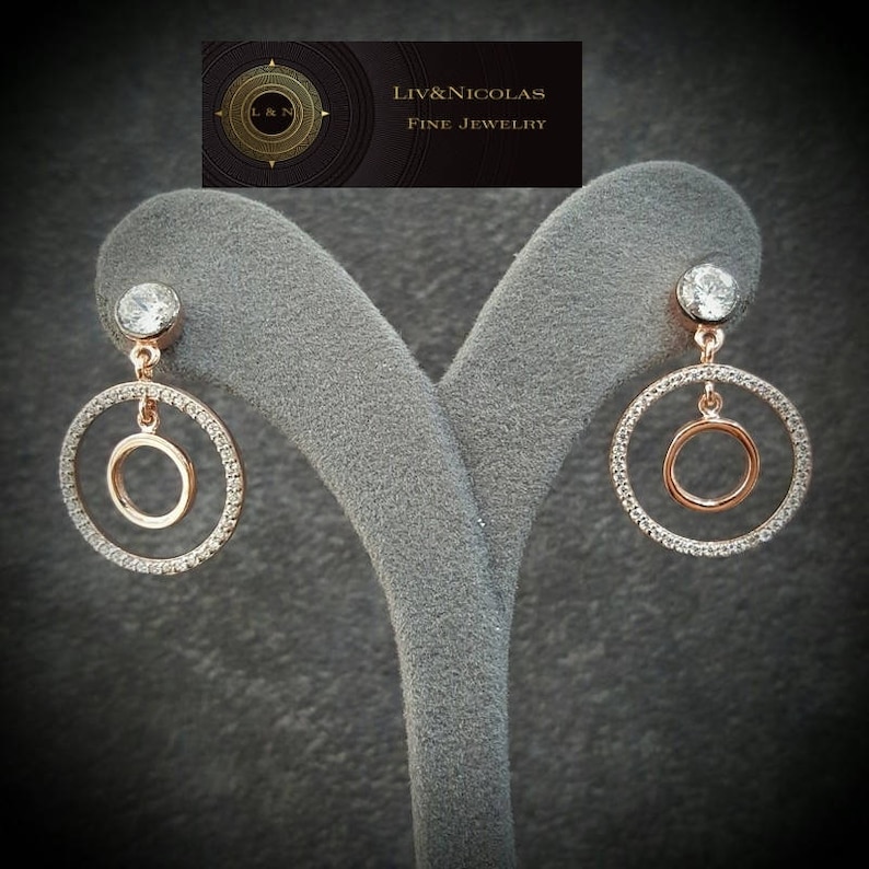 Gold Zirconia Double Rounds Earring Ear Stud Over Genuine 925 Sterling Silver