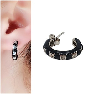 Black and  Clear Zircon Star Earring Hoop Stud| 925 Sterling Silver