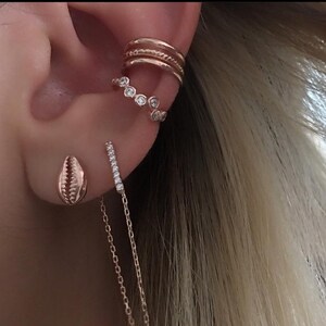 Sea Shell and Bar  Chain Double Ear Studs 925 Sterling Silver