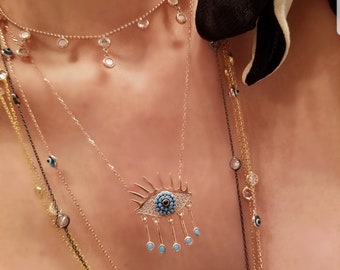Handcrafted  Dangle Evil Eye with Eyelash Lucky Charm Good Luck Turquoise Stone,Clear Zircon Necklace 925 Sterling Silver