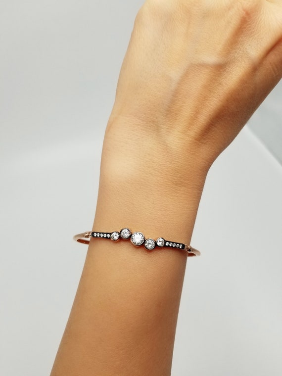 Clear Zircon Five Rounds Bracelet Adjustable Diamond Handcrafted Bangle|  925 Sterling Silver