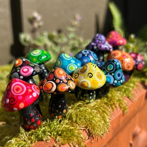 8 Whimsical, Hand-Painted, Small Mushrooms with Stakes!