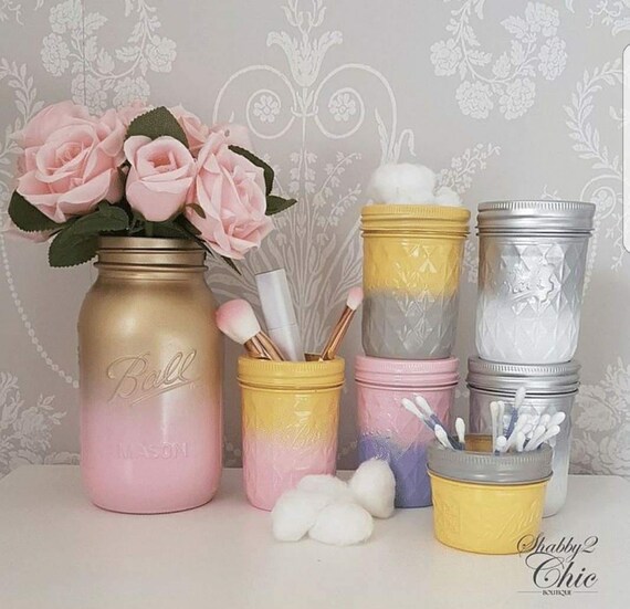 Mustard Grey Silver Pink make up brush holder Ombre mason Made in UK National Class Mustard Yellow with Silver Hombre