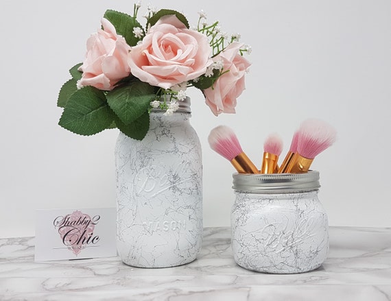 Set Of 2 Painted Desk Accessories White Marble Silver Image 0