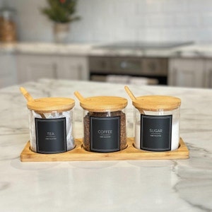 Set of 3 Labelled Tea Coffee Sugar Round Jars with Bamboo Lids Spoons and Tray Round Labelled Canister Set