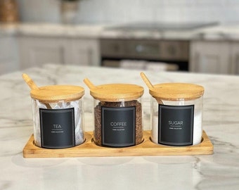 Set of 3 Labelled Tea Coffee Sugar Round Jars with Bamboo Lids Spoons and Tray Round Labelled Canister Set