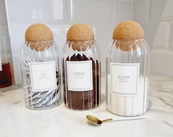 Labelled Ribbed Glass Tea Coffee Sugar Storage Jar Set of 3 Kitchen Canisters Tea Coffee Sugar Canisters Pantry Jars Cork Ball Stopper