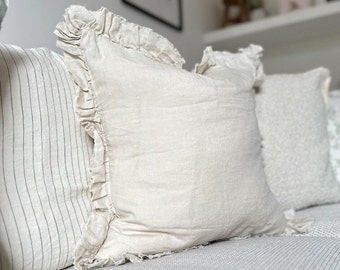 Ruffled Cream Linen Cushion with Duck Feather Filled Pad 100% Linen Cushion Cover