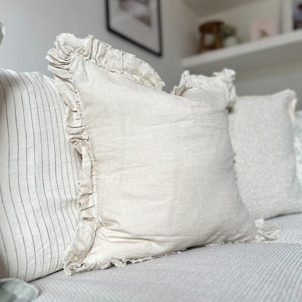 Ruffled Cream Linen Cushion with Duck Feather Filled Pad 100% Linen Cushion Cover