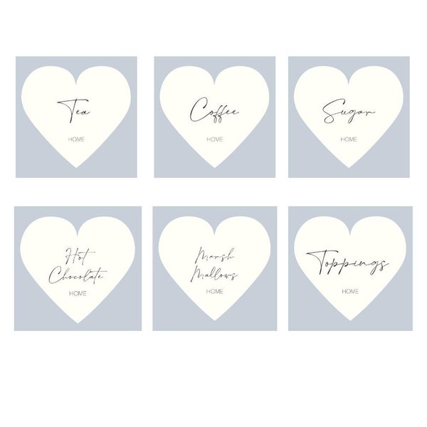 Tea Coffee Sugar Hot Chocolate Labels, Cream & Grey Waterproof and Oil Resistant Labels, Chic Love Heart Kitchen Canister Storage Jar Labels