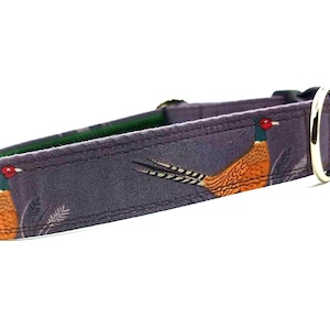 May include: Purple dog collar with a pheasant print. The collar has a silver buckle and a black D-ring.
