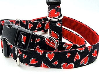 Red Hearts Dog Collar, Handmade Cotton with Swiss Velvet Lining