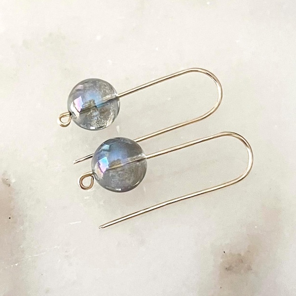 Iridiscent Aura Quartz Long Threader Arc Earrings: Goldfilled, Handmade, Minimalist