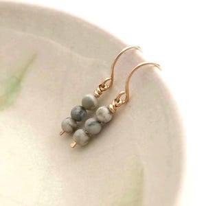 May include: A pair of dangle earrings featuring gold-toned metal hooks and two small, round, mottled grey and white stone beads on each wire. The earrings hang vertically, showcasing a simple design with polished metal and natural stone textures.