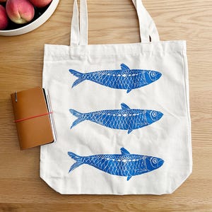 Fish Tote Bag: Hand Printed Sardines, Lino Block Print Art on Cotton Canvas image 2