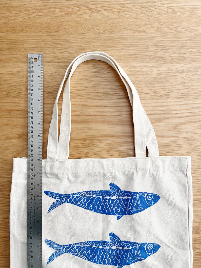 Fish Tote Bag: Hand Printed Sardines, Lino Block Print Art on Cotton Canvas image 5