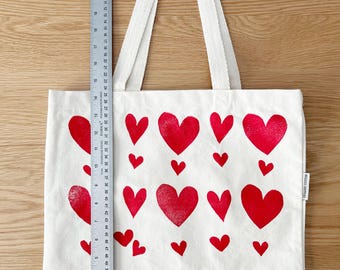 Red Hearts Canvas Tote Bag: Handprinted Lino Block Print Art - Etsy