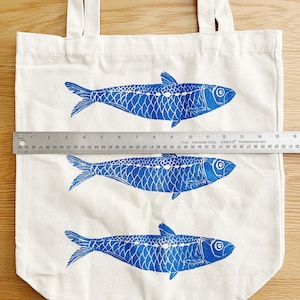 Fish Tote Bag: Hand Printed Sardines, Lino Block Print Art on Cotton Canvas image 4