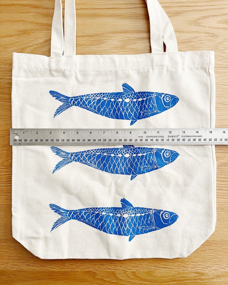 Fish Tote Bag: Hand Printed Sardines, Lino Block Print Art on Cotton Canvas image 4