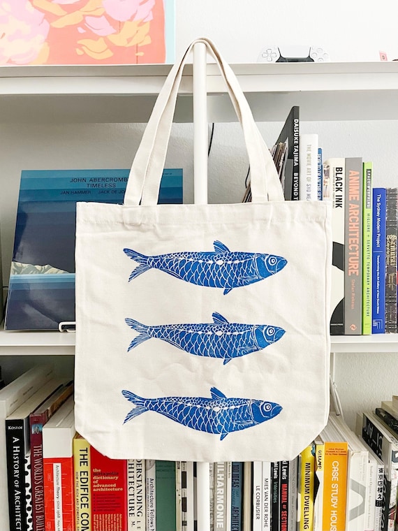 Blue Sardines Fish Canvas Tote Bag: Hand Printed, Lino Block Print Art