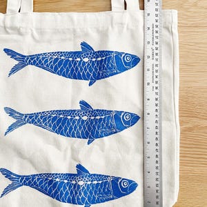 Fish Tote Bag: Hand Printed Sardines, Lino Block Print Art on Cotton Canvas image 3