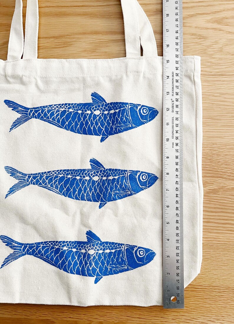 Fish Tote Bag: Hand Printed Sardines, Lino Block Print Art on Cotton Canvas image 3