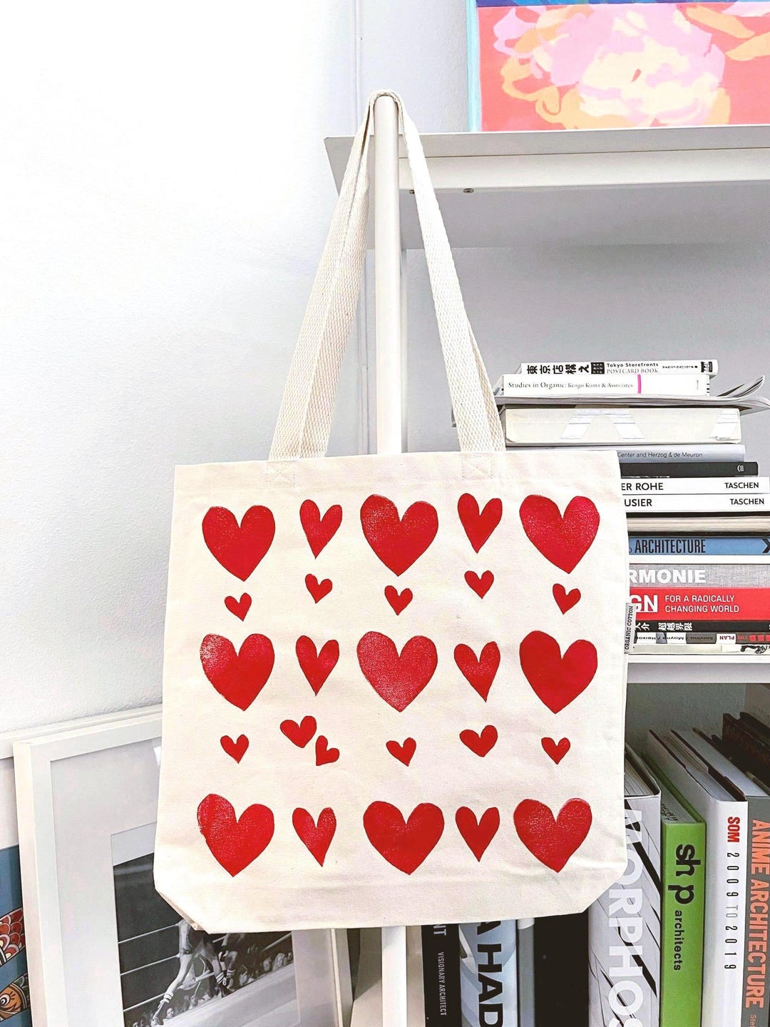 Red Hearts Canvas Tote Bag: Handprinted Lino Block Print Art - Etsy