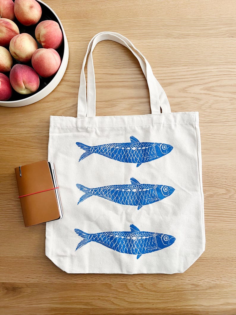 Fish Tote Bag: Hand Printed Sardines, Lino Block Print Art on Cotton Canvas image 2