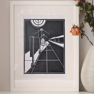 Architectural woodcut print. Composition 4 woodblock train station print. Limited handmade black and white print. image 1