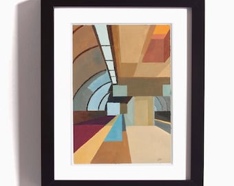 Glencairn Station Study #2 , Oil painting of Toronto Glencairn Station, geometrically abstracted architecture, Free shipping and framed