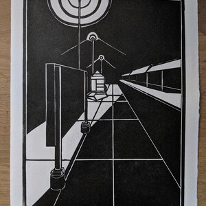 Architectural woodcut print. Composition 4 woodblock train station print. Limited handmade black and white print. image 3