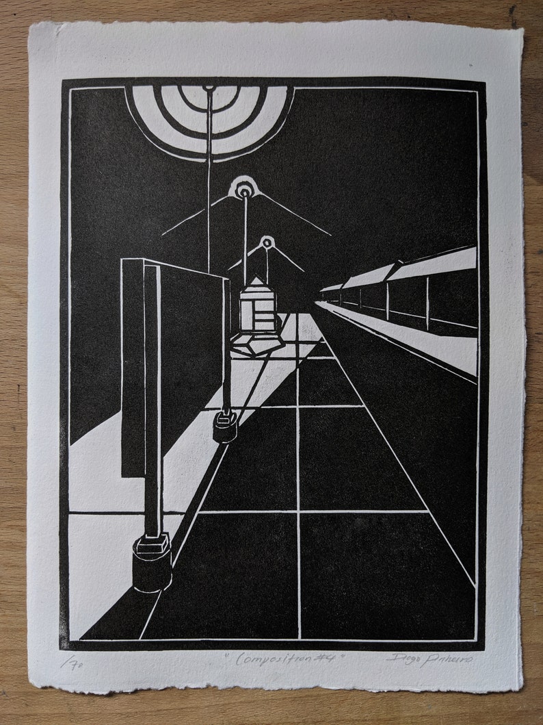 Architectural woodcut print. Composition 4 woodblock train station print. Limited handmade black and white print. image 3