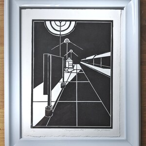 Architectural woodcut print. Composition 4 woodblock train station print. Limited handmade black and white print. image 2