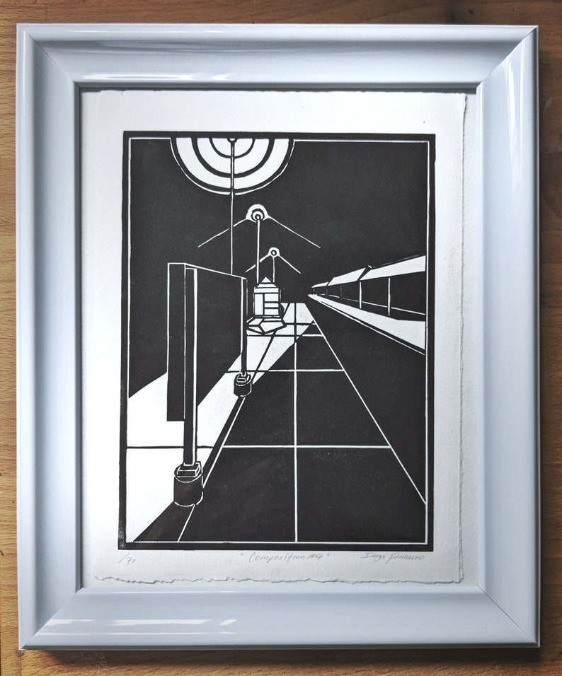 Architectural woodcut print. Composition 4 woodblock train station print. Limited handmade black and white print. image 2