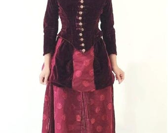 Victorian Antique Silk Damask And Velvet Bustle Two Piece Gown