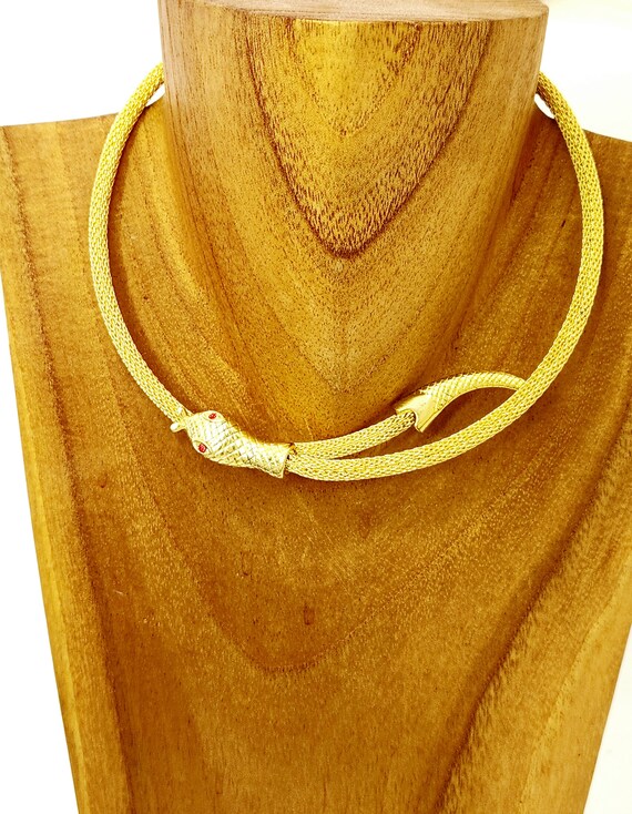 Vintage Gold Metal Mesh Serpent Choker With Ruby … - image 6