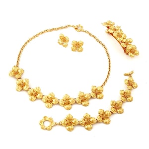 Vintage Kenzo Paris Gold Floral Matching Set of Necklace, Bracelet, Earrings, And Hair Clip